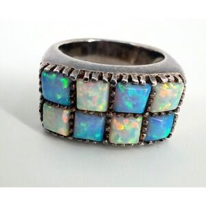 Sterling Silver 925 Opal Checkerboard Statement Band Ring